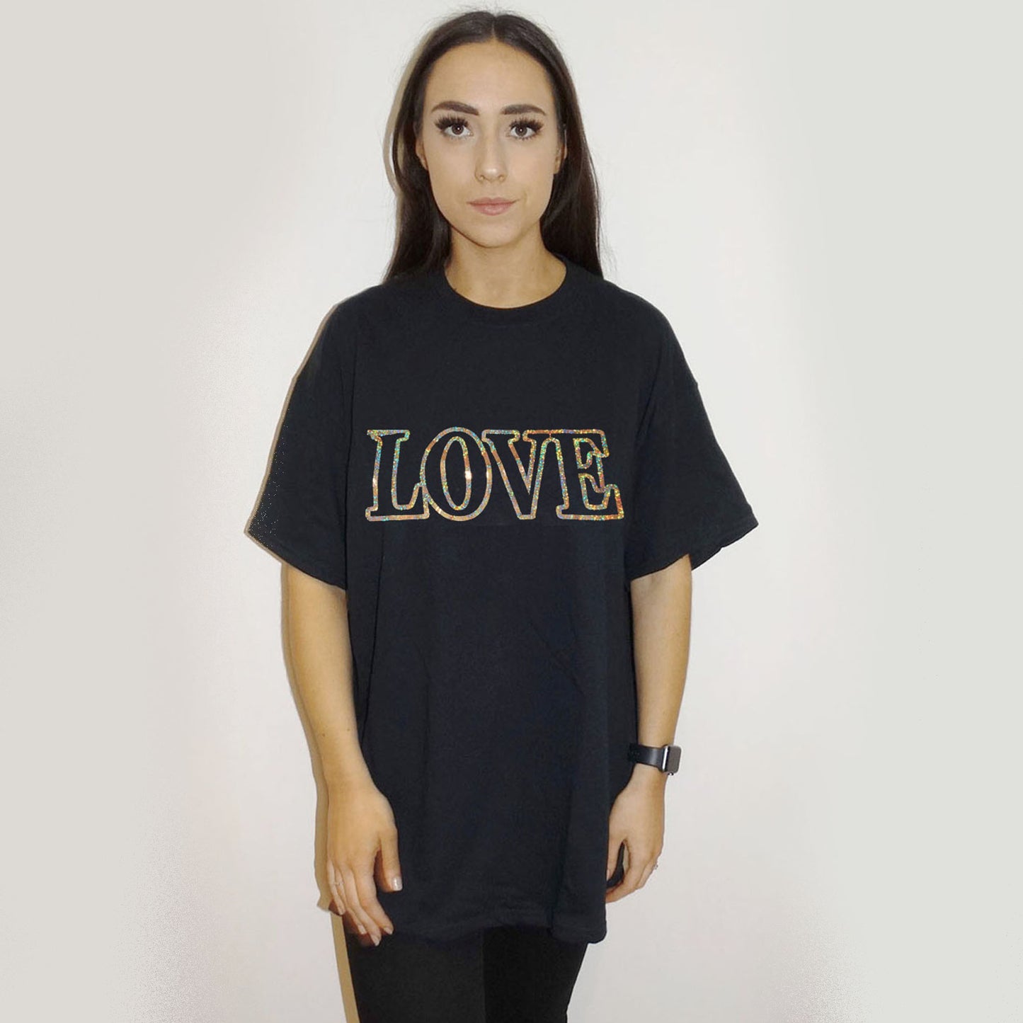 Gold Holographic Love Print Tshirt In Black