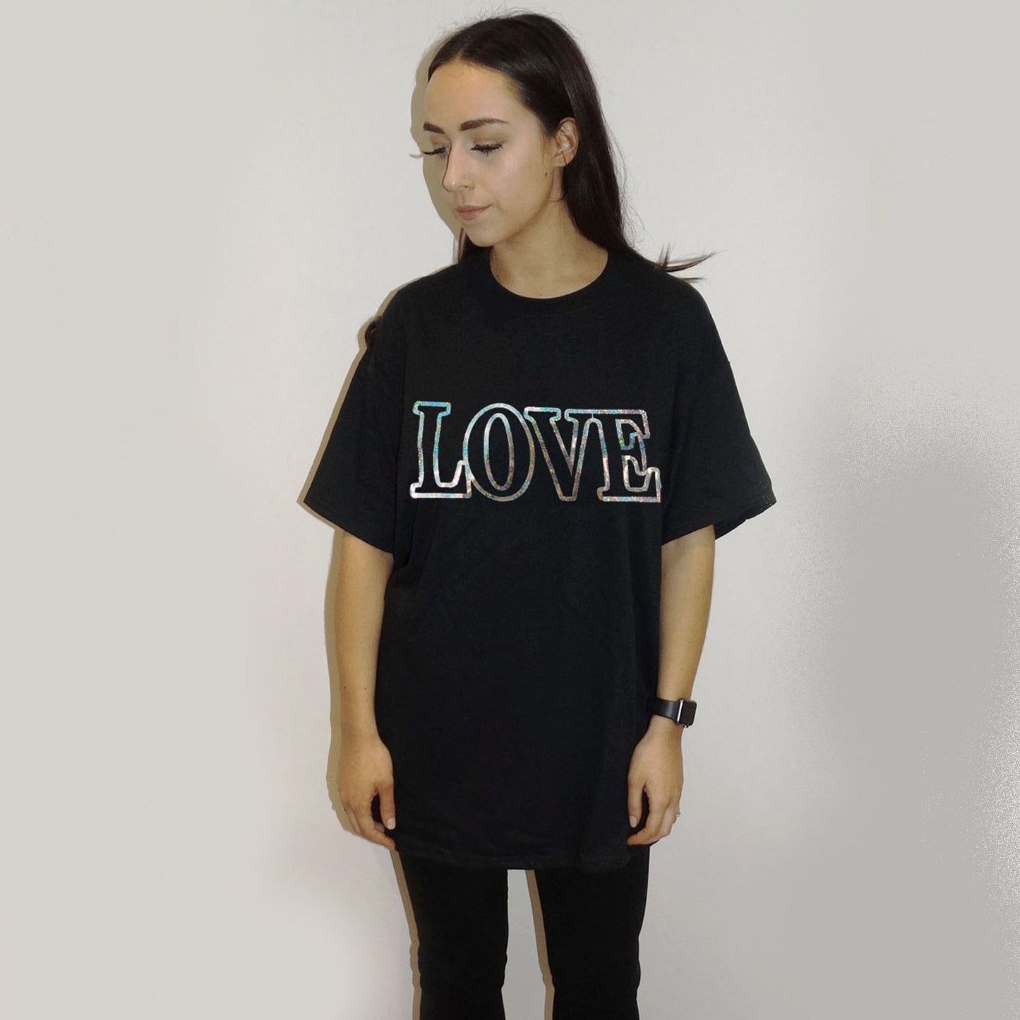 Gold Holographic Love Print Tshirt In Black