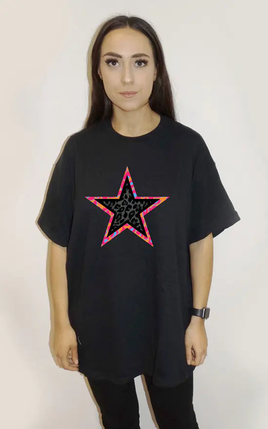Black T Shirt With Black And Orange Leopard Star Print