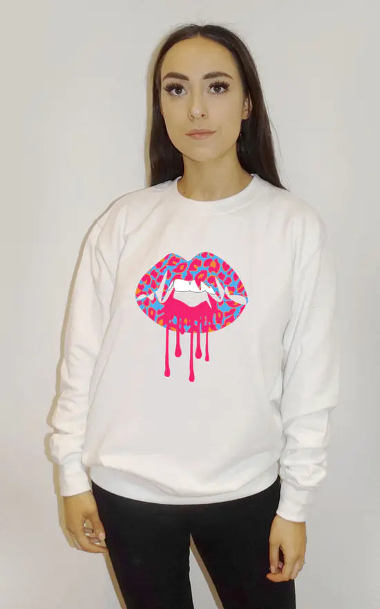 White Sweatshirt With Blue And Pink Leopard Lip Melt Graphic