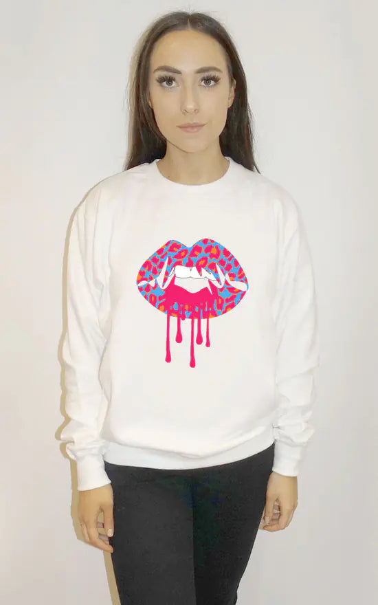 White Sweatshirt With Blue And Pink Leopard Lip Melt Graphic