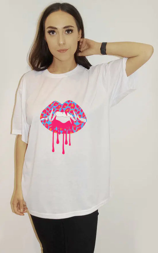 White Oversize T Shirt With Pink And Blue Leopard Lip Melt Graphic