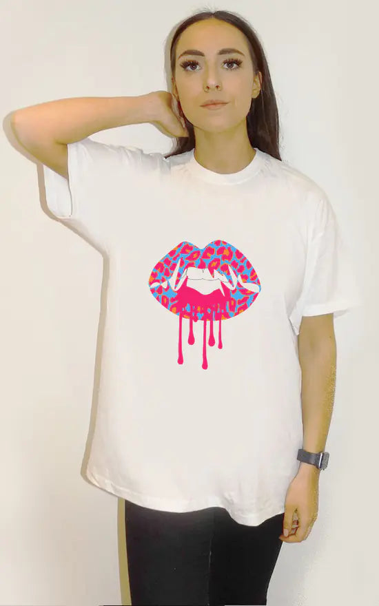 White Oversize T Shirt With Pink And Blue Leopard Lip Melt Graphic