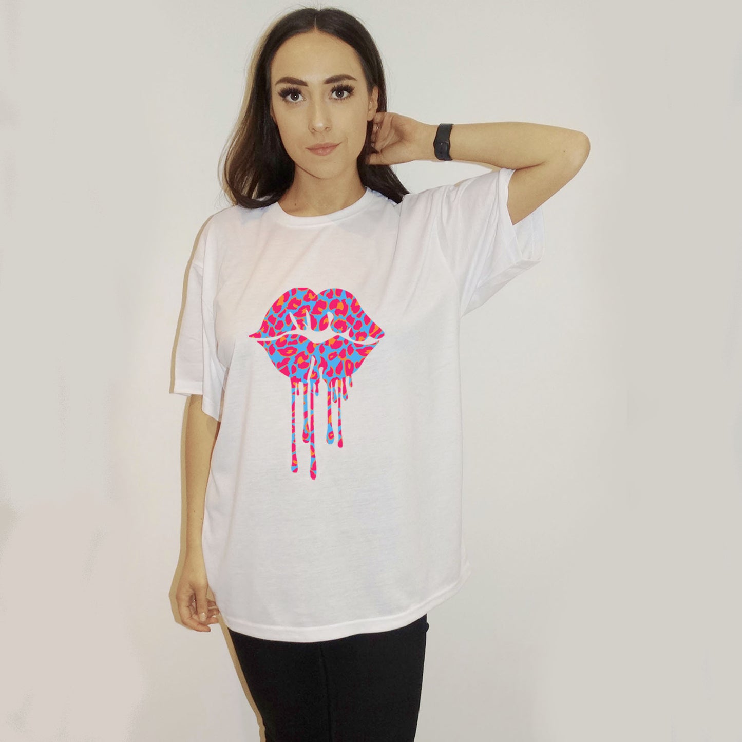 White Oversize Tshirt With Blue And Pink Leopard Craze Lip Drip Motif