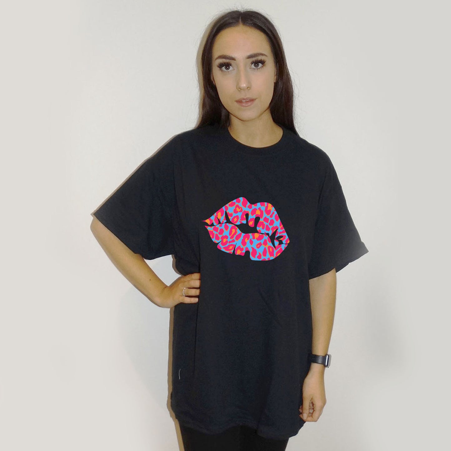 Black Oversize T Shirt With Blue And Pink Leopard Lip Print