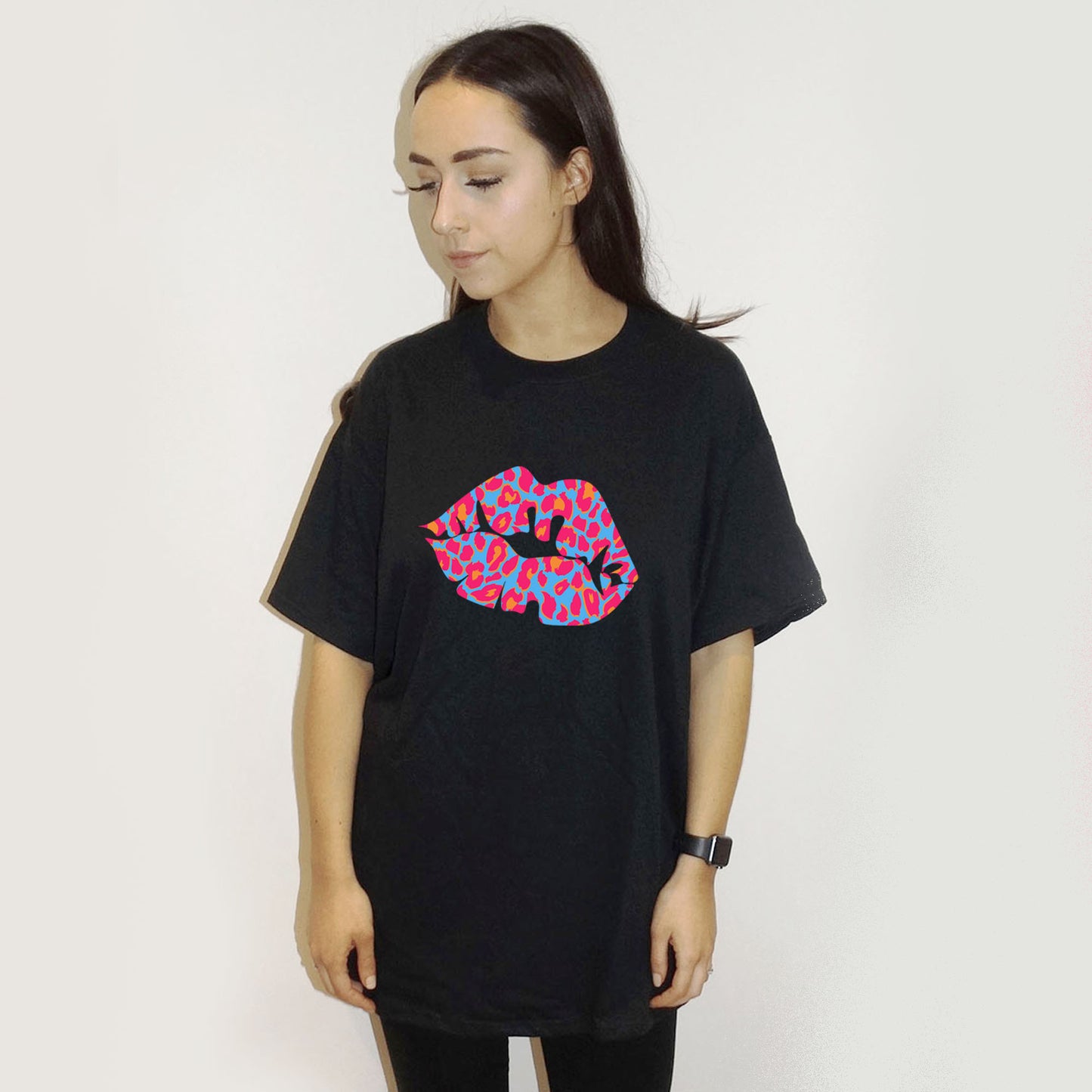 Black Oversize T Shirt With Blue And Pink Leopard Lip Print