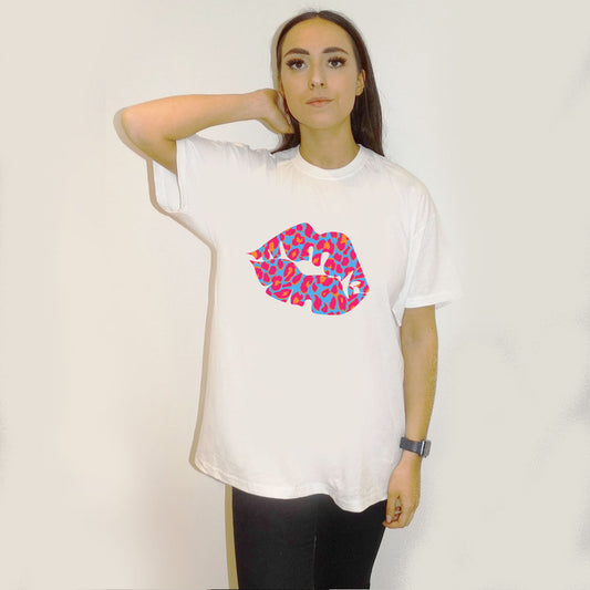 White Oversize T Shirt With Blue And Pink Leopard Lip Print