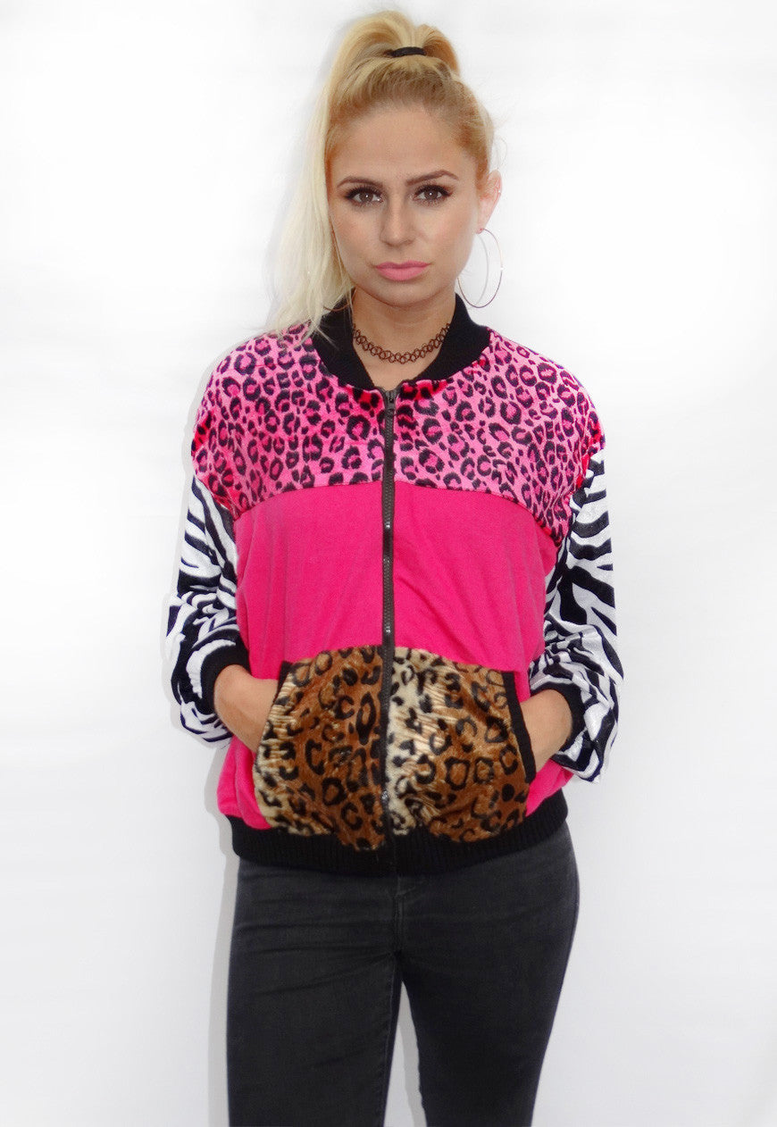 Pink Velour Leopard Bomber Jacket