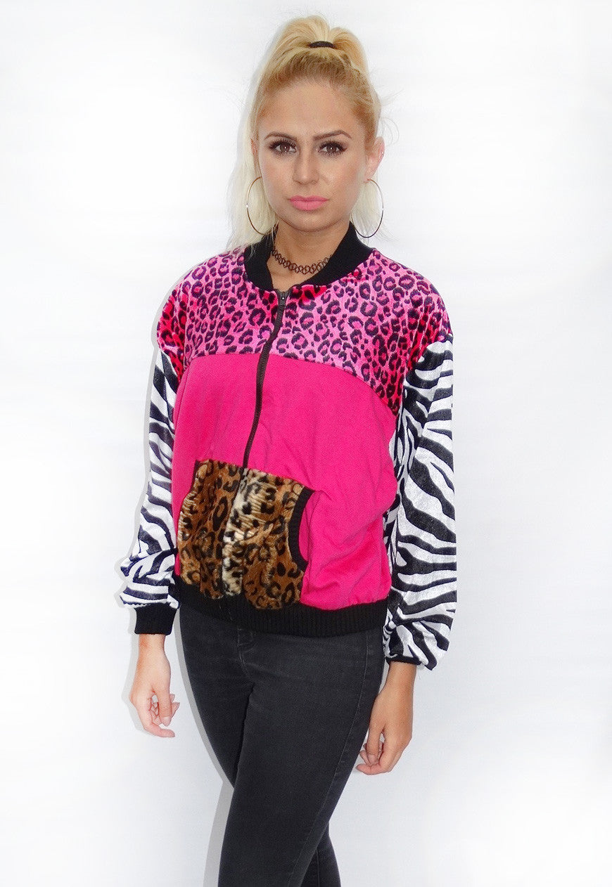 Pink Velour Leopard Bomber Jacket