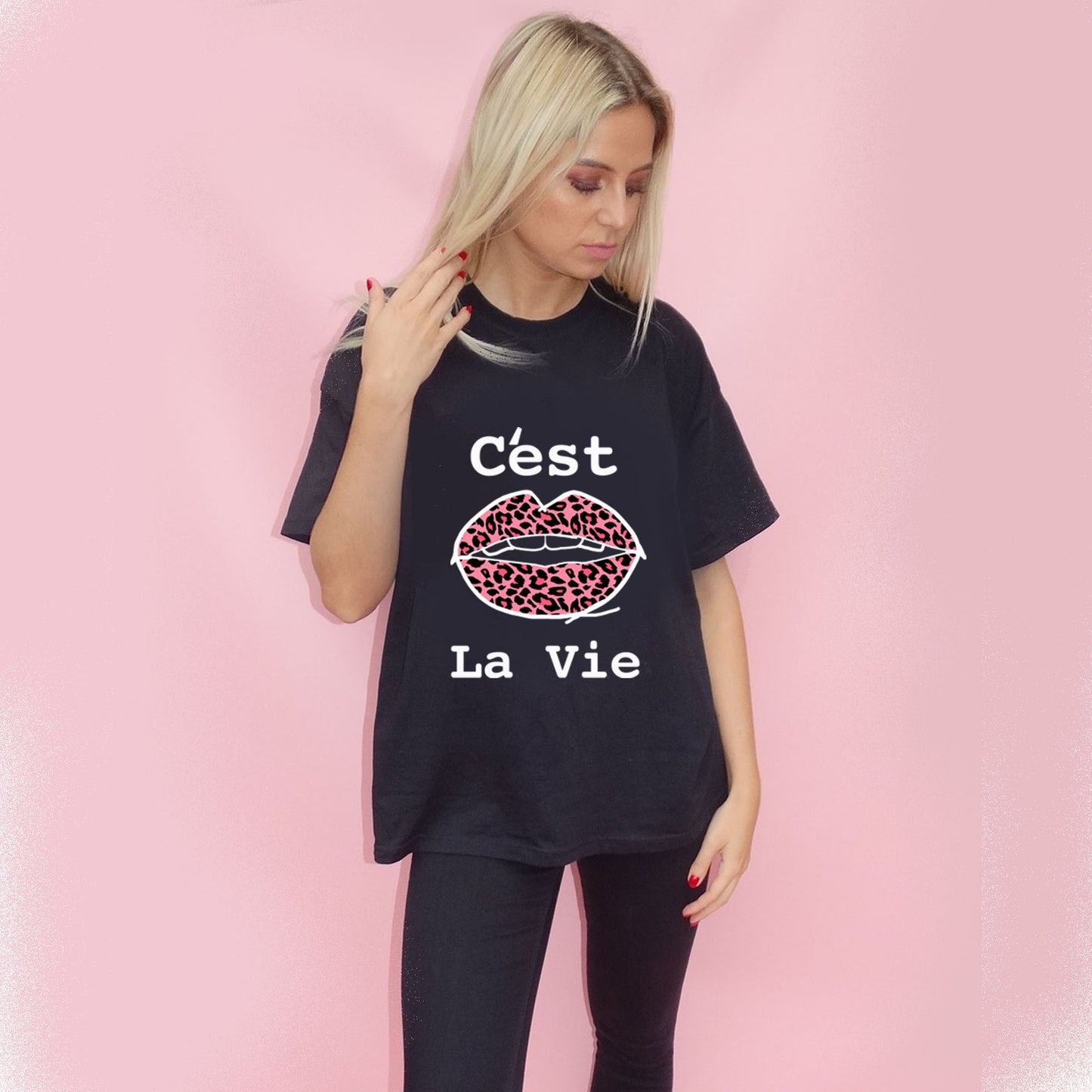 Cest La Vie Pink Leopard Print Tshirt In Black