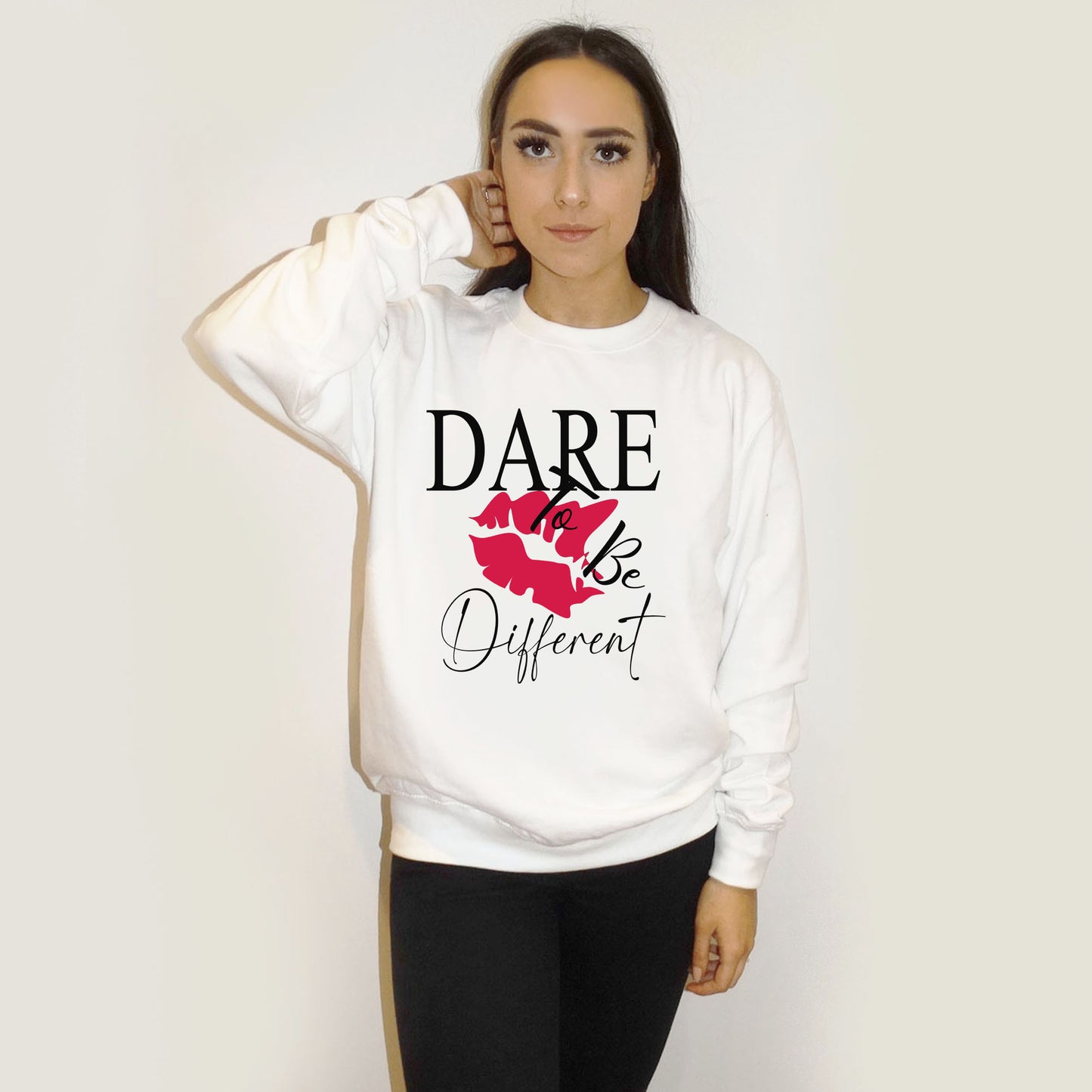 White Sweatshirt With Dare To Be Different Lip Print