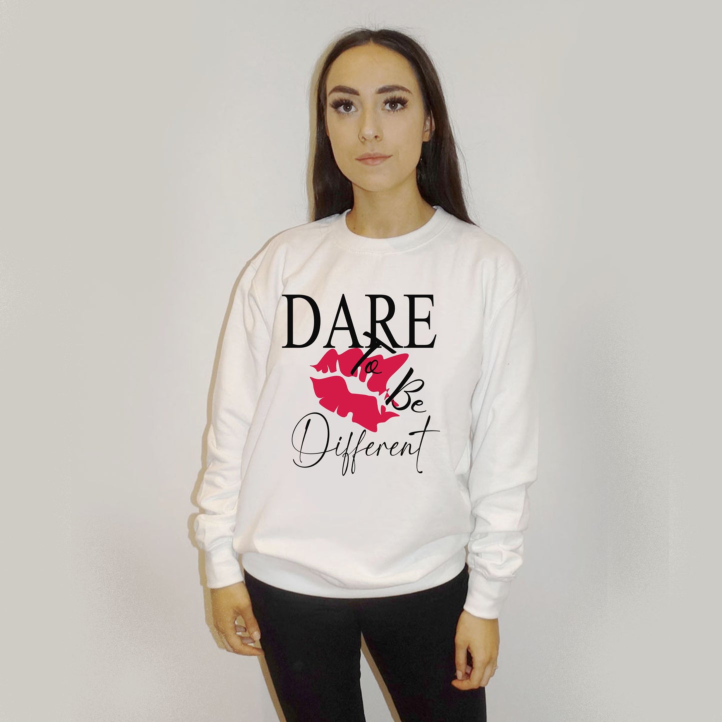 White Sweatshirt With Dare To Be Different Lip Print
