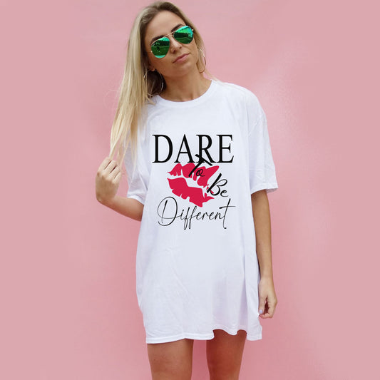 White Casual Tshirt With Red Lip Graphic Print Dare To Be Different