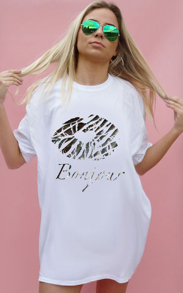 Holographic Bonjour Zebra Kiss Print T-Shirt in White