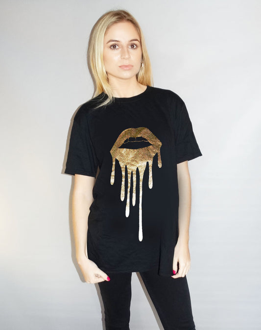 Holographic Gold LIP Drip  T-shirt In Black