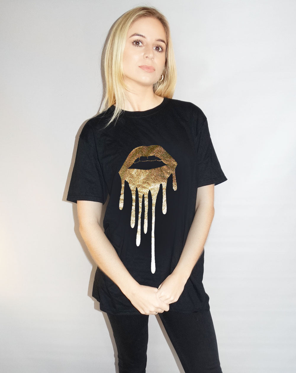 Holographic Gold LIP Drip  T-shirt In Black