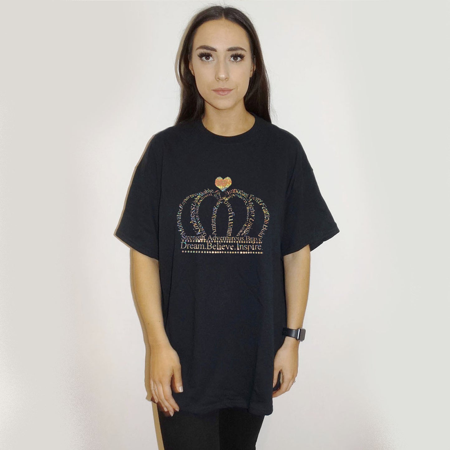 Gold Holographic Crown Words Print Tshirt In Black