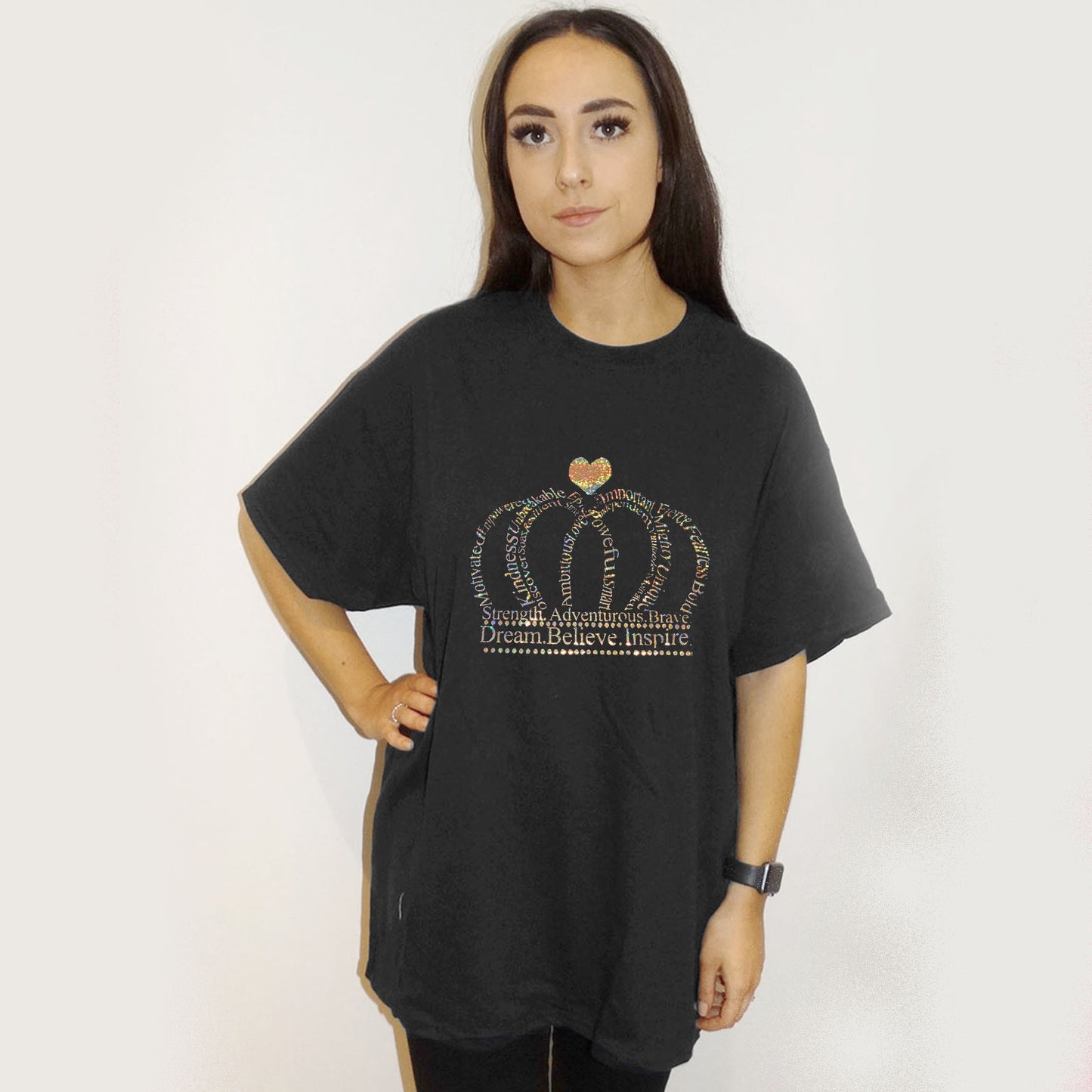 Gold Holographic Crown Words Print Tshirt In Black