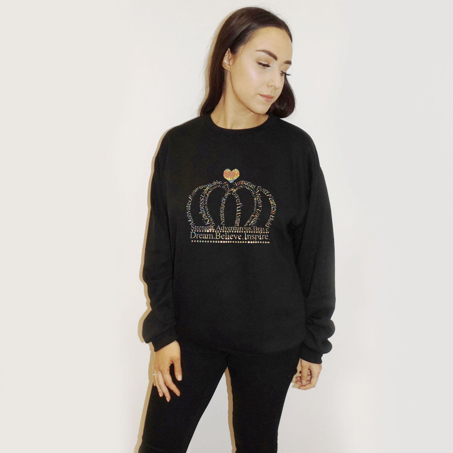 Gold Holographic Crown Words Print Jumper In Black