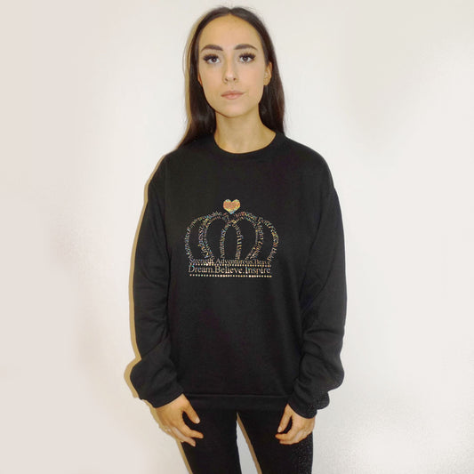Gold Holographic Crown Words Print Jumper In Black