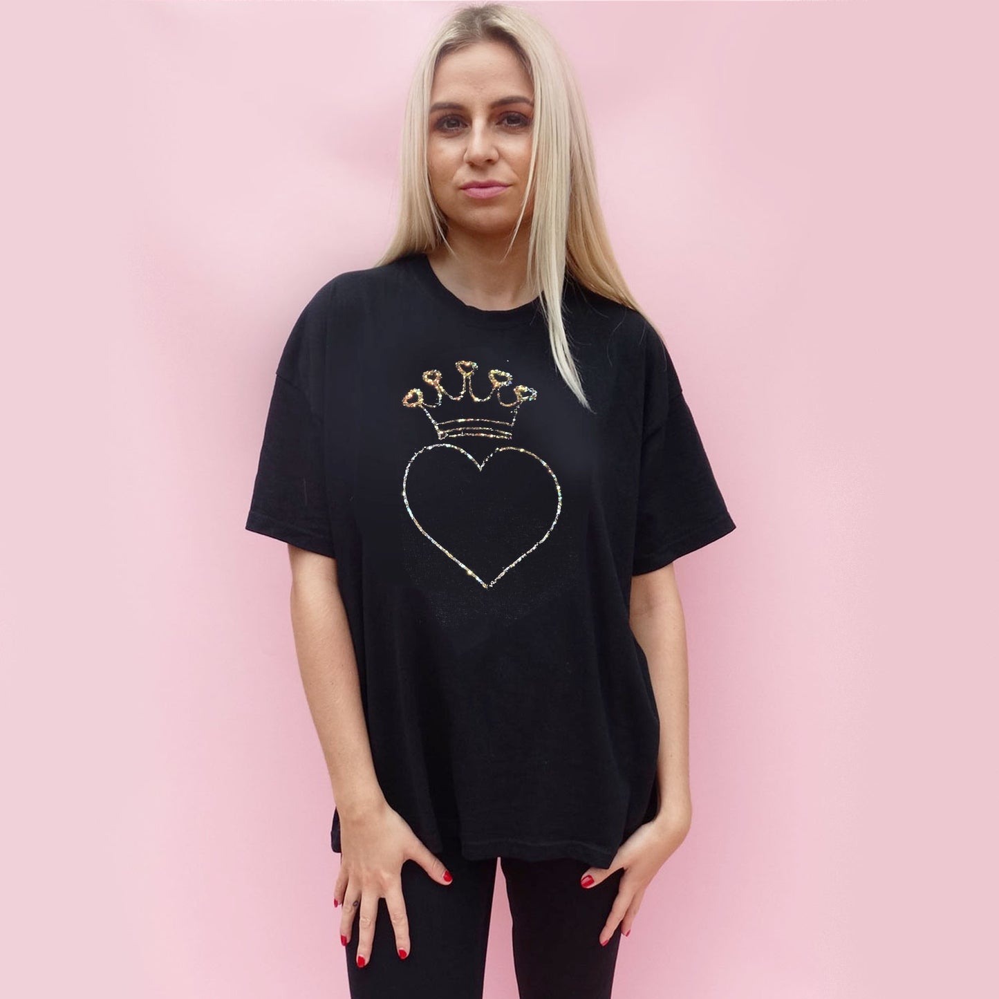 Gold Heart Crown Holographic Print Tshirt In Black
