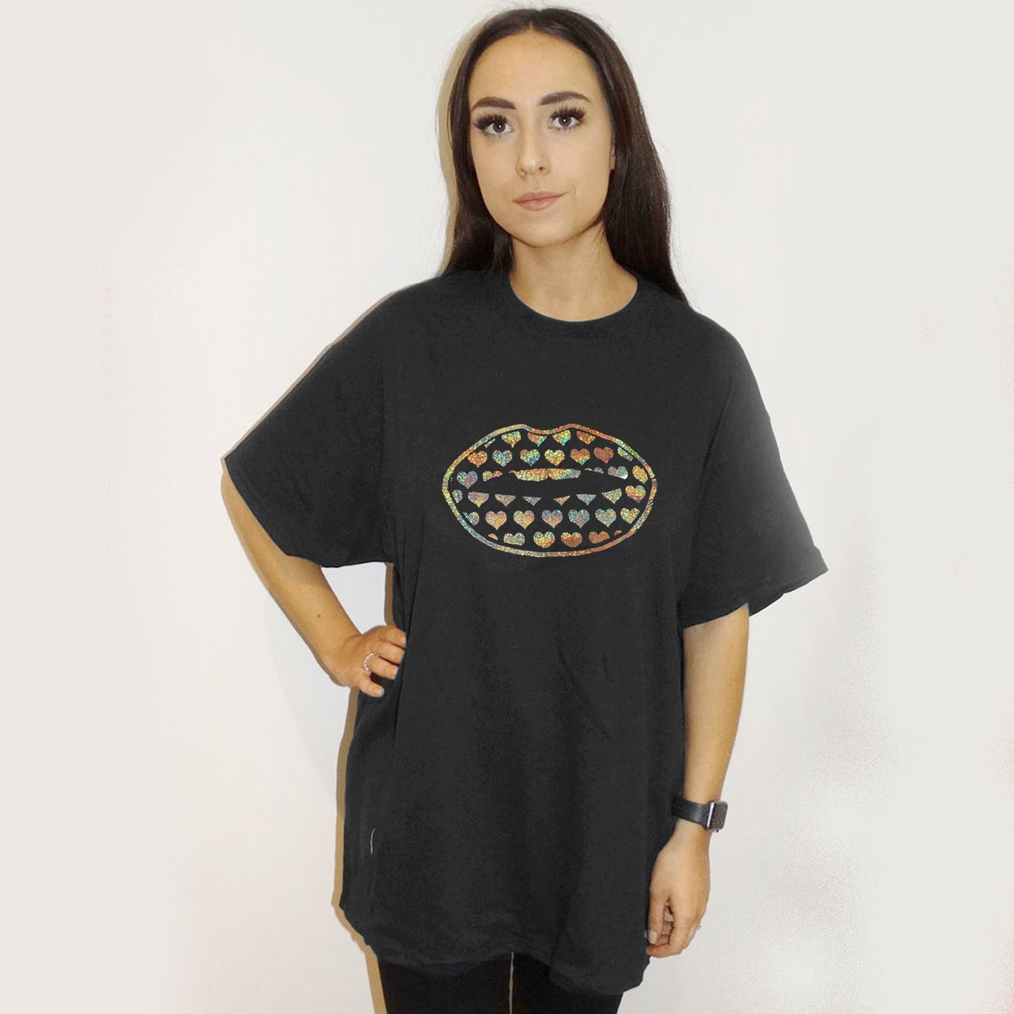 Gold Holographic Heart Lip Print Tshirt In Black