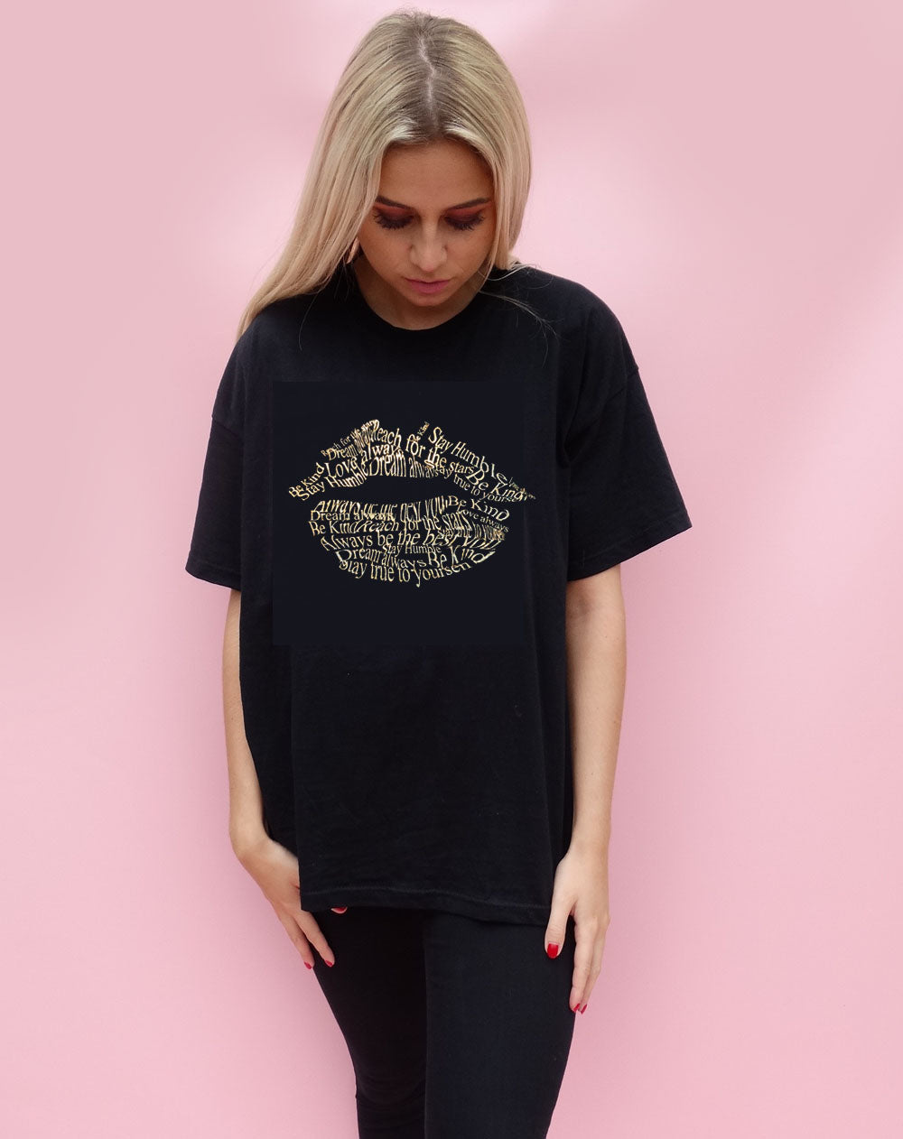Gold Holographic Positive Lip Tshirt In Black