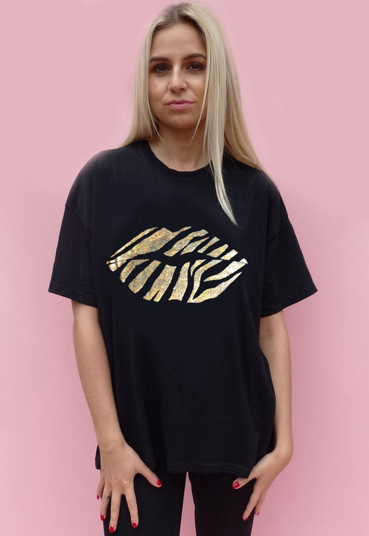 Gold Holographic Zebra Lip Print T-shirt in Black