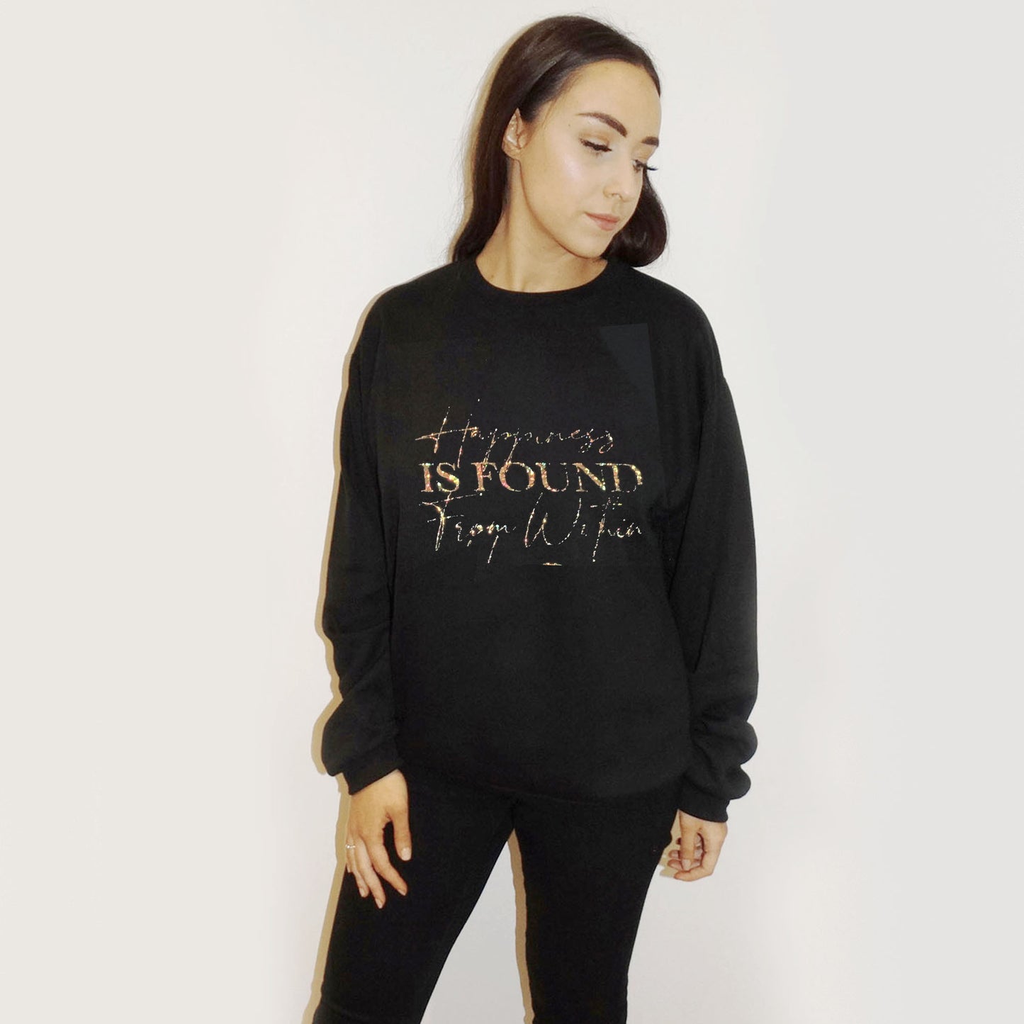 Gold Holographic Happiness Is Found From Within Jumper In Black