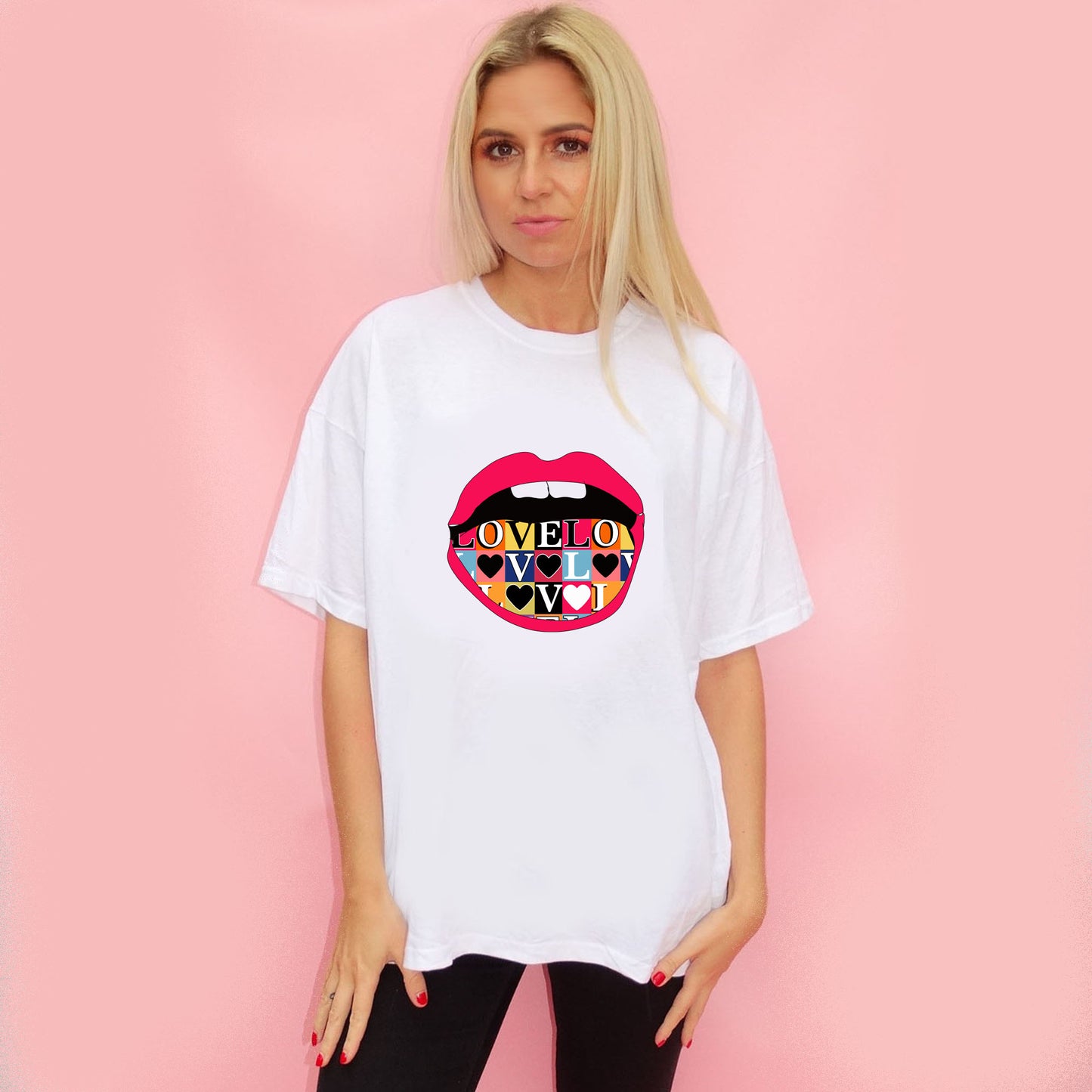 Love Print Lip Graphic T Shirt In White
