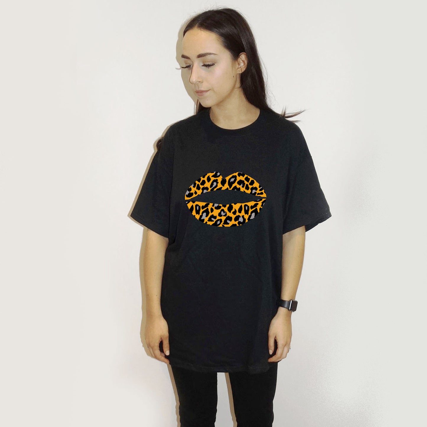 Orange and Grey Leopard Lip Print Tshirt In Black