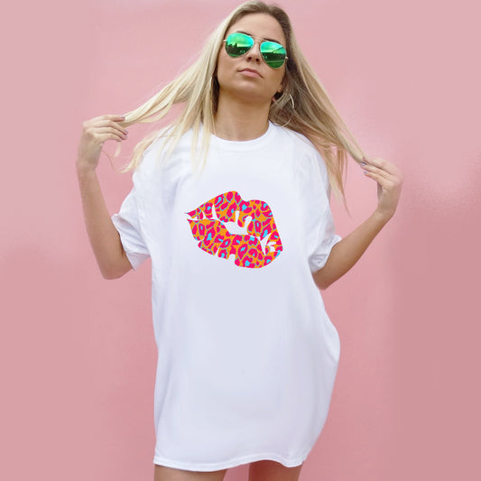 White Oversize T Shirt With Orange And Blue Leopard Lip Print