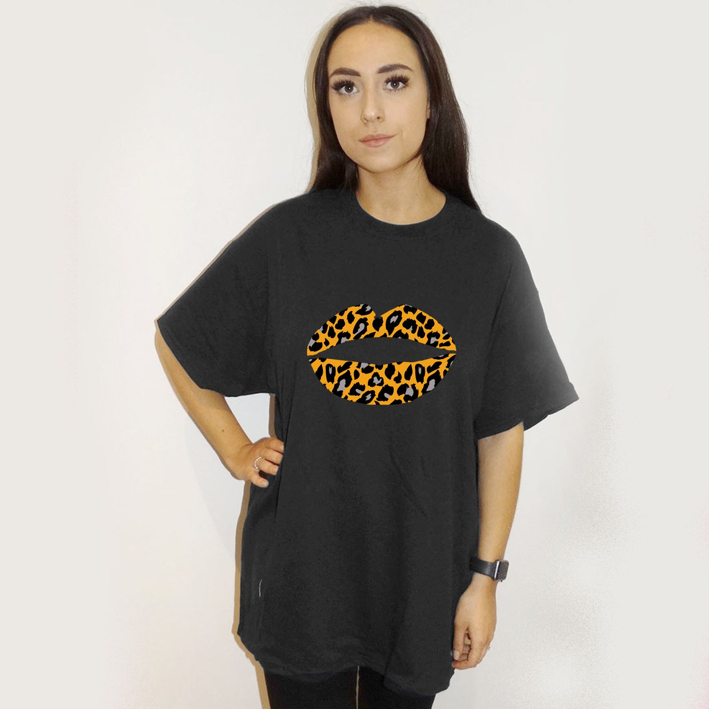 Orange and Grey Leopard Lip Print Tshirt In Black