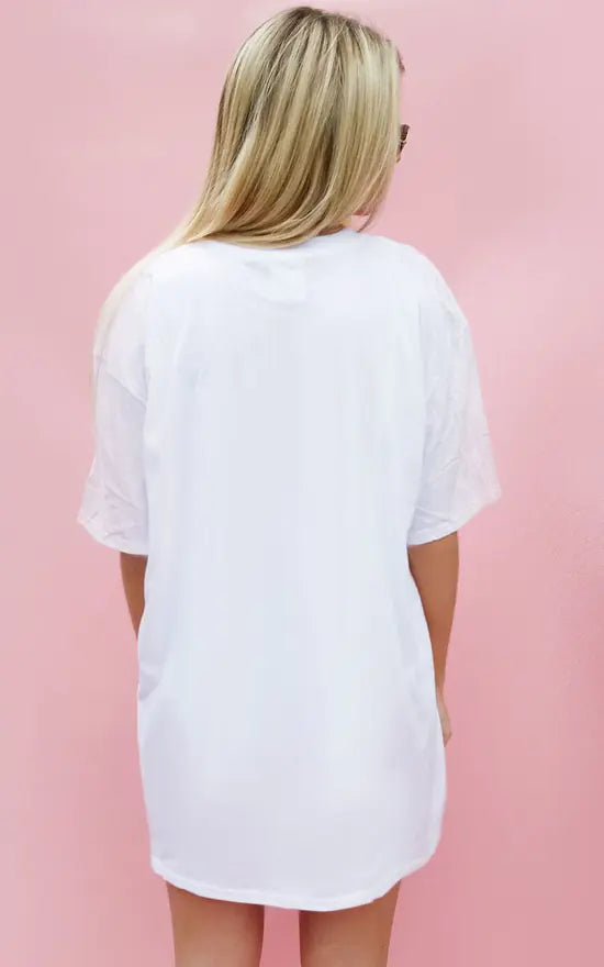 White Oversize T Shirt With Pink And Rose Leopard Lip Print