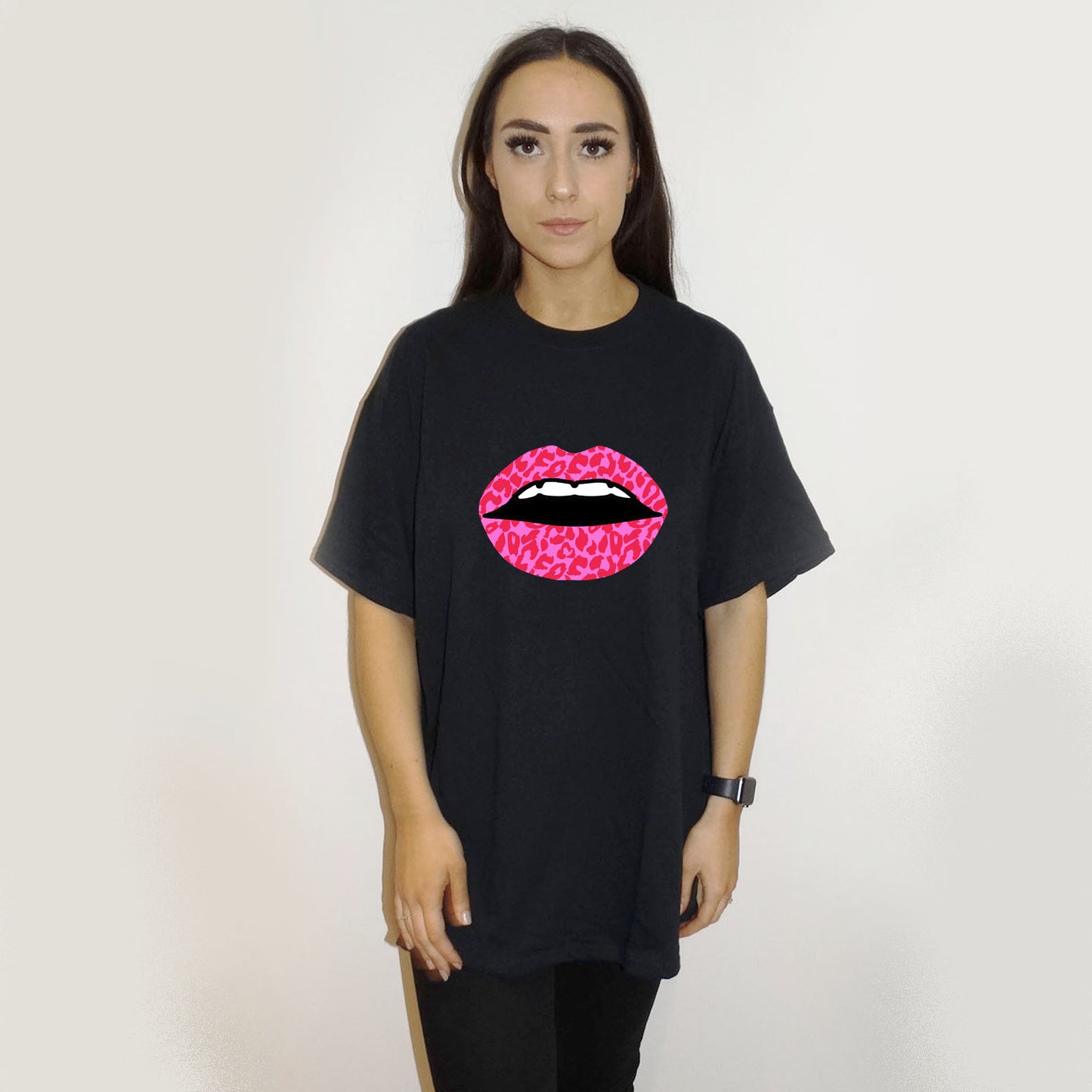 Pink and Red Heart Lip Print Tshirt In Black