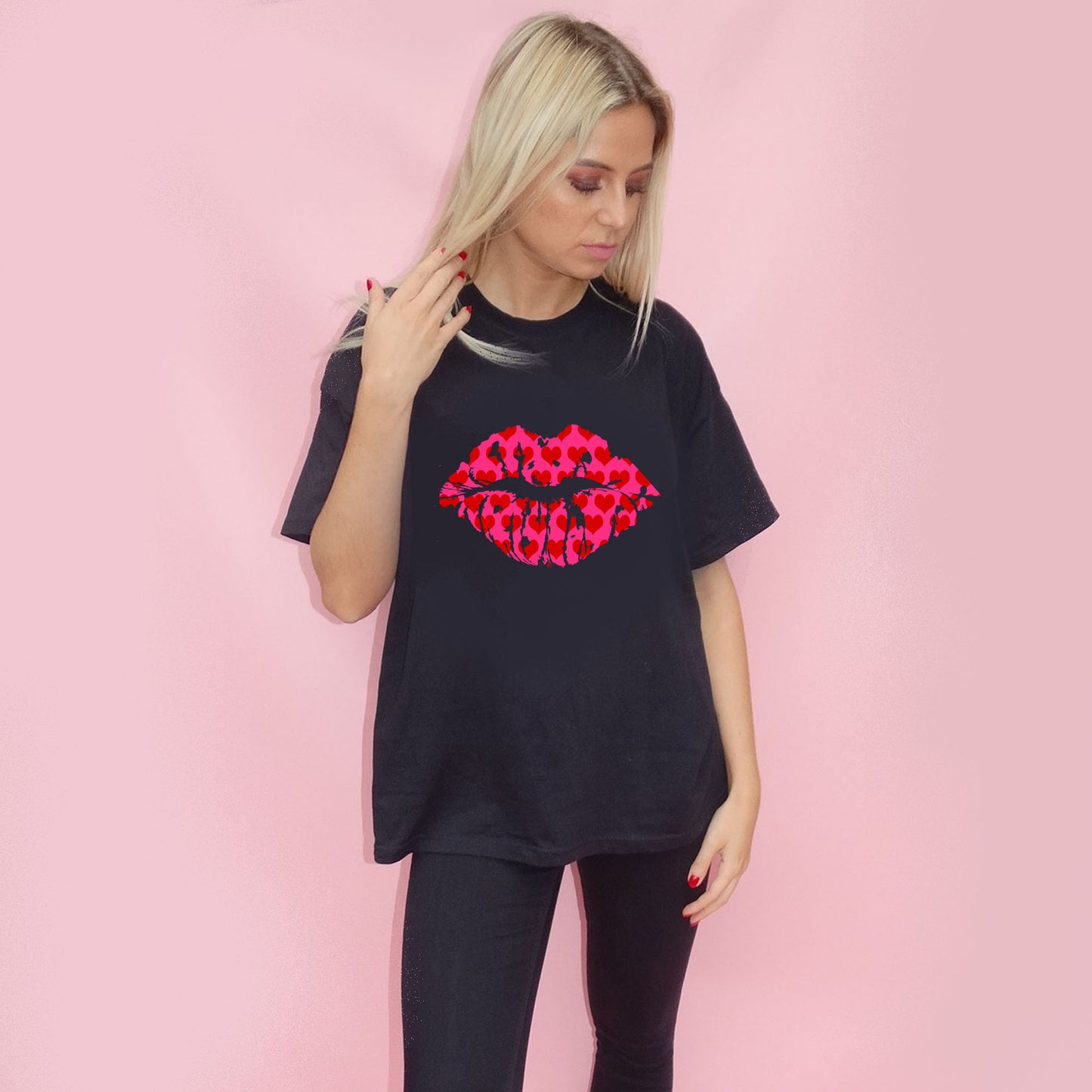Pink and Red Heart Lip Motif Print Tshirt In Black