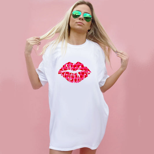 Red and Pink Heart Lip Motif Tshirt In White