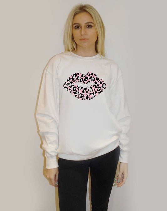 Pink and White Leopard Lip Motif Jumper In White