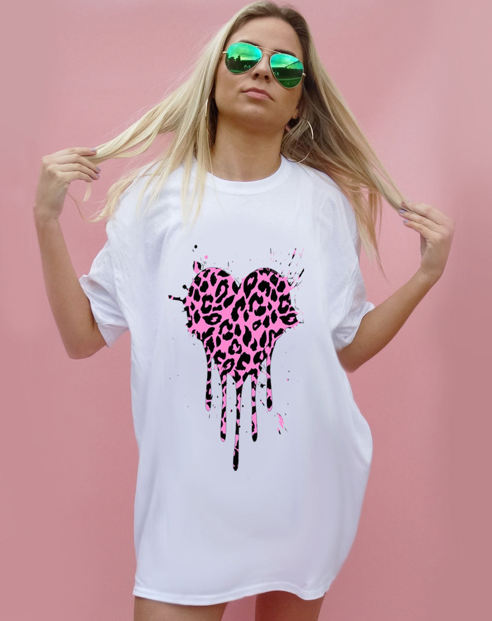 Pink & Black Leopard Print Heart Drip Splatter Oversize Tshirt