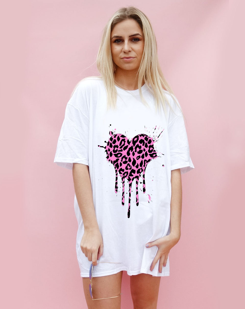 Pink & Black Leopard Print Heart Drip Splatter Oversize Tshirt