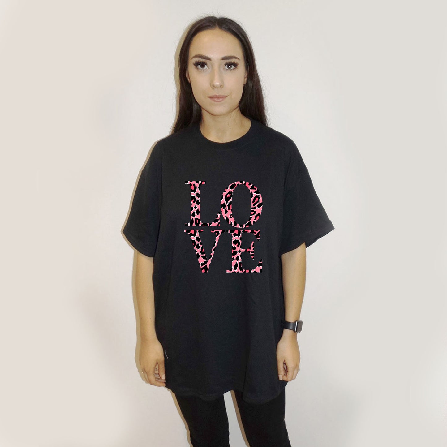 Pink Leopard Love Block Print Tshirt In Black