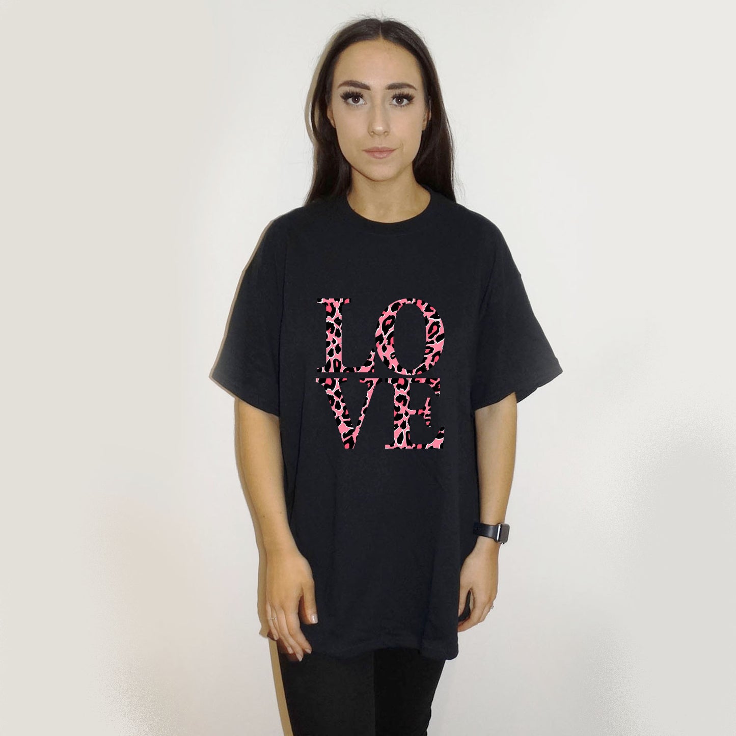 Pink Leopard Love Block Print Tshirt In Black
