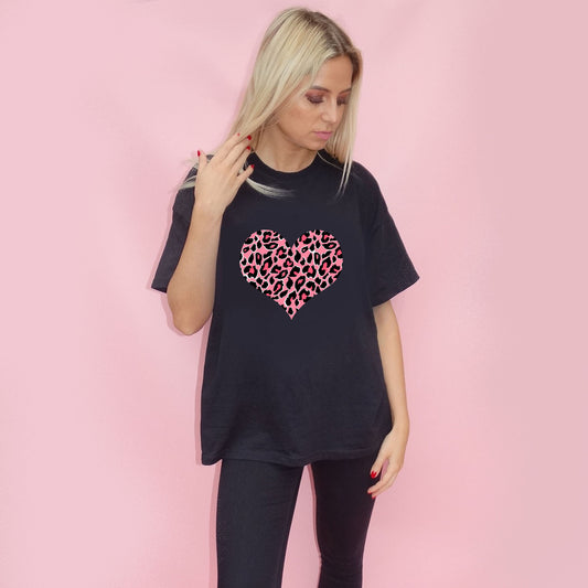 Pink And Rose Leopard Heart Print Tshirt In Black