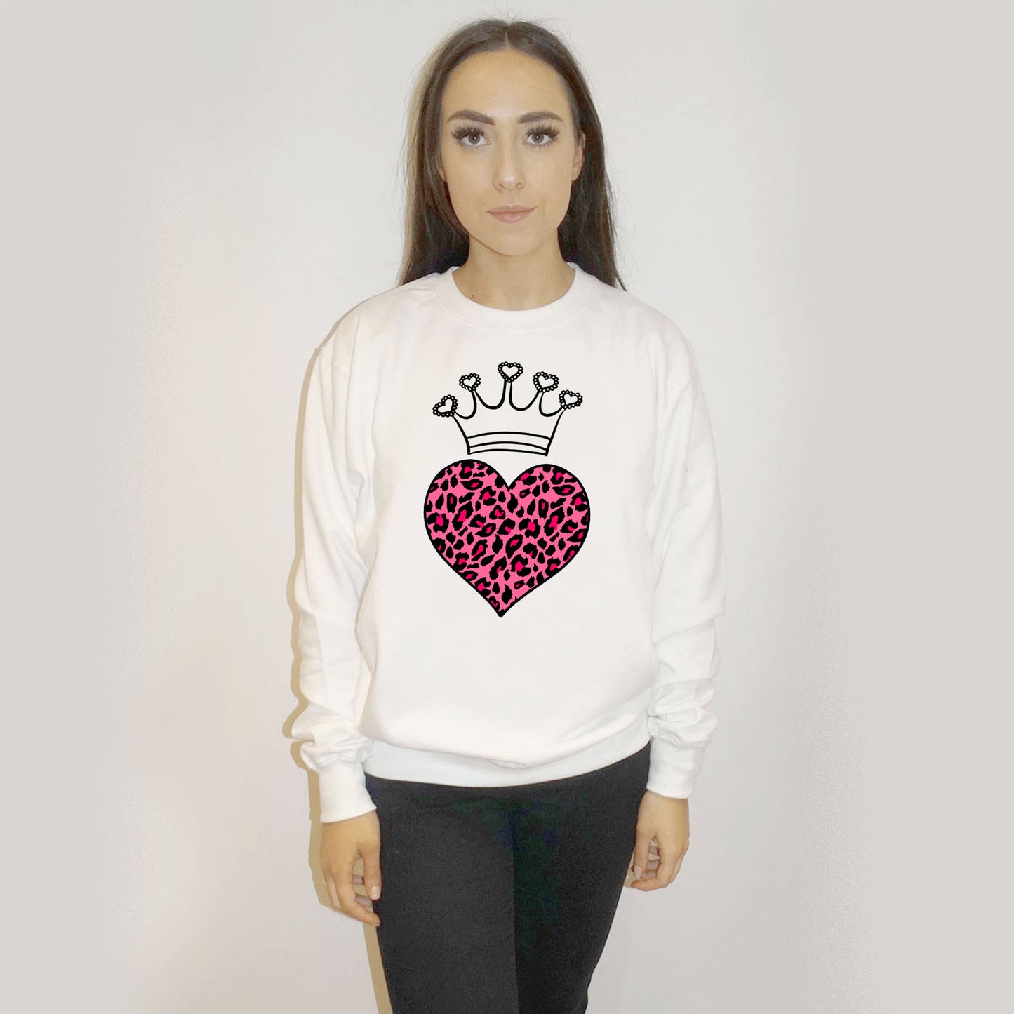 Pink Leopard Heart Crown Print Jumper In White