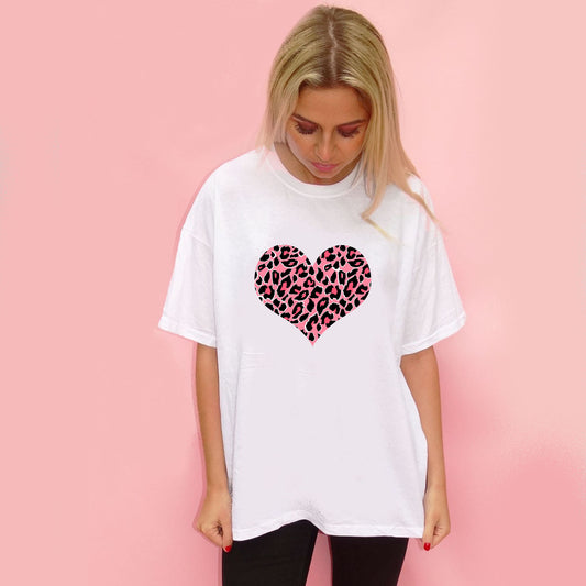 Pink And Rose Leopard Heart Print Tshirt In White