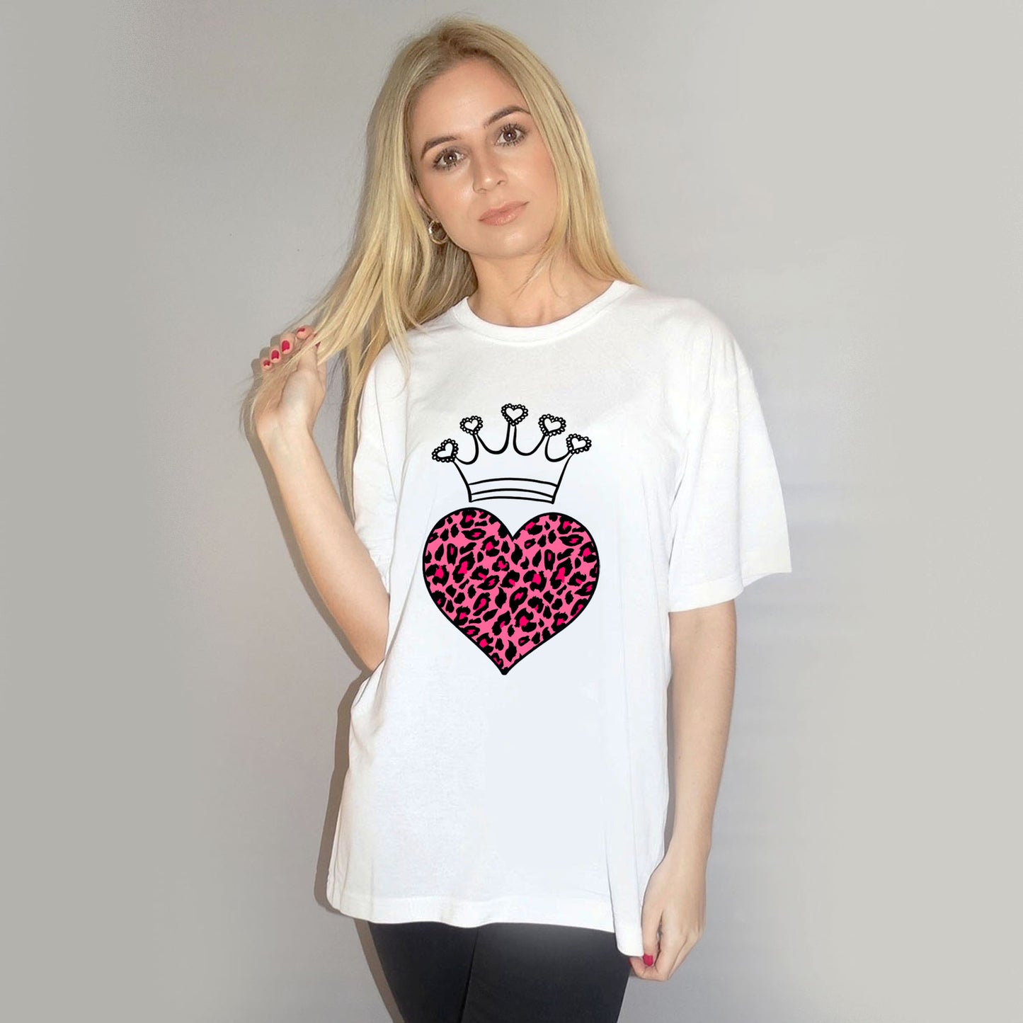 Pink Leopard Heart Crown Print Tshirt In White