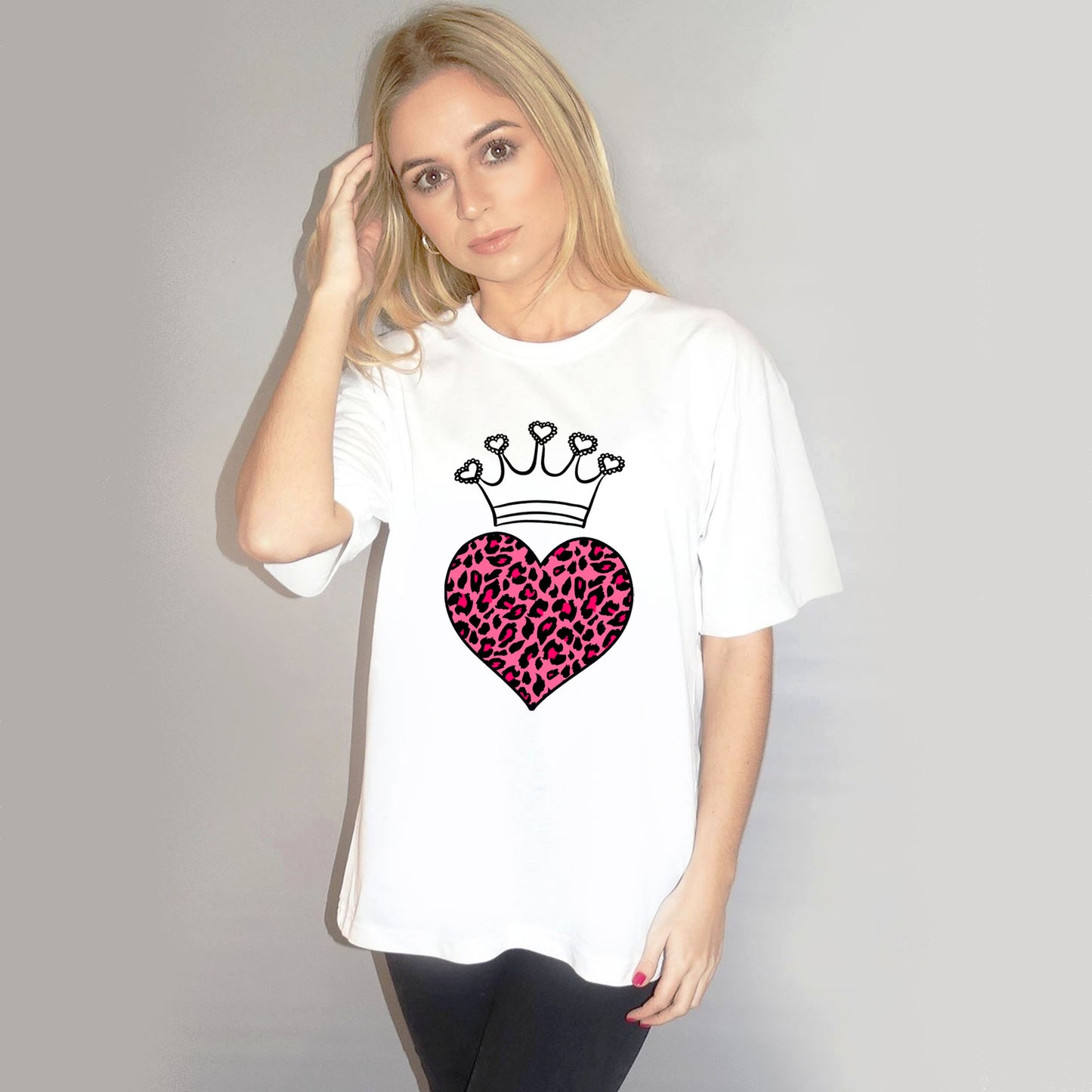 Pink Leopard Heart Crown Print Tshirt In White