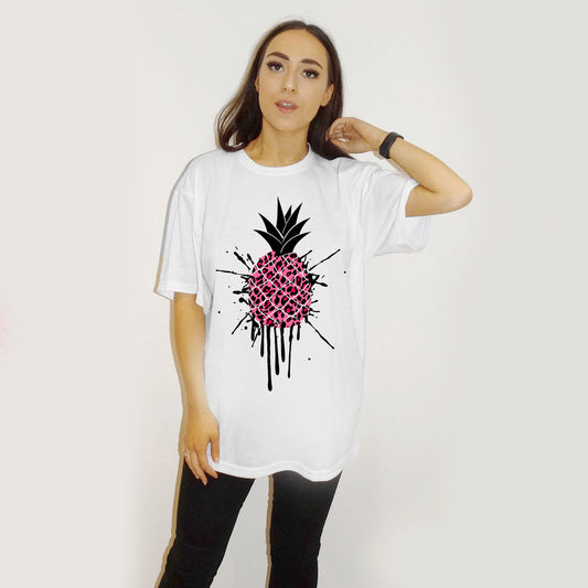 Pink Leopard Print Pineapple Drip Tshirt In White