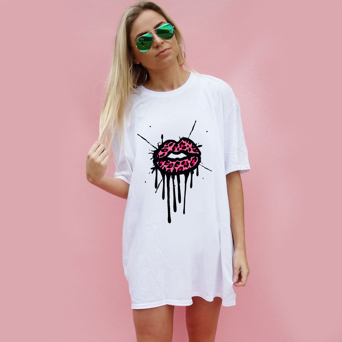 Pink and Rose Leopard Lip Drip Splat Print Tshirt In White
