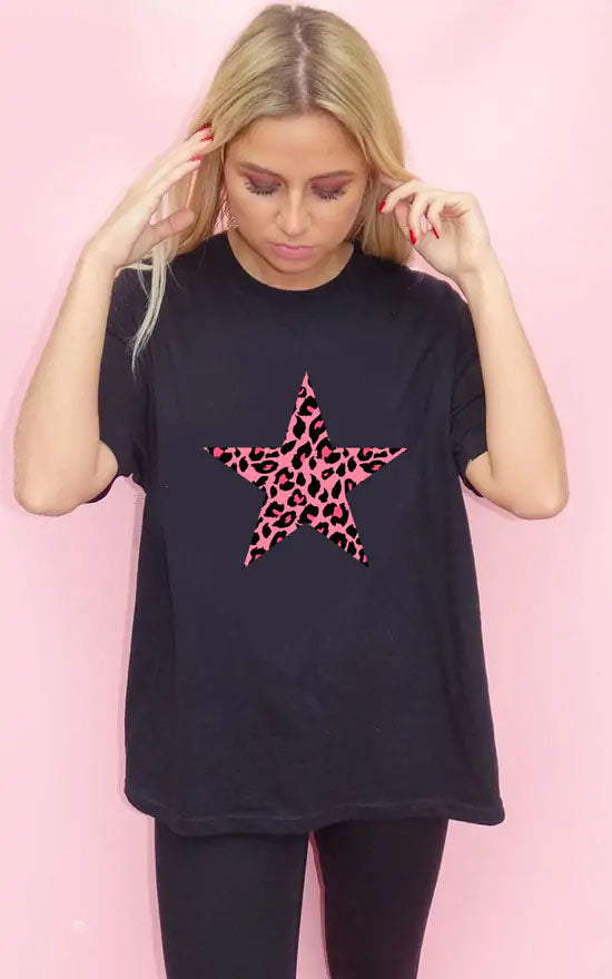 Pink Leopard Print Star Tshirt In Black